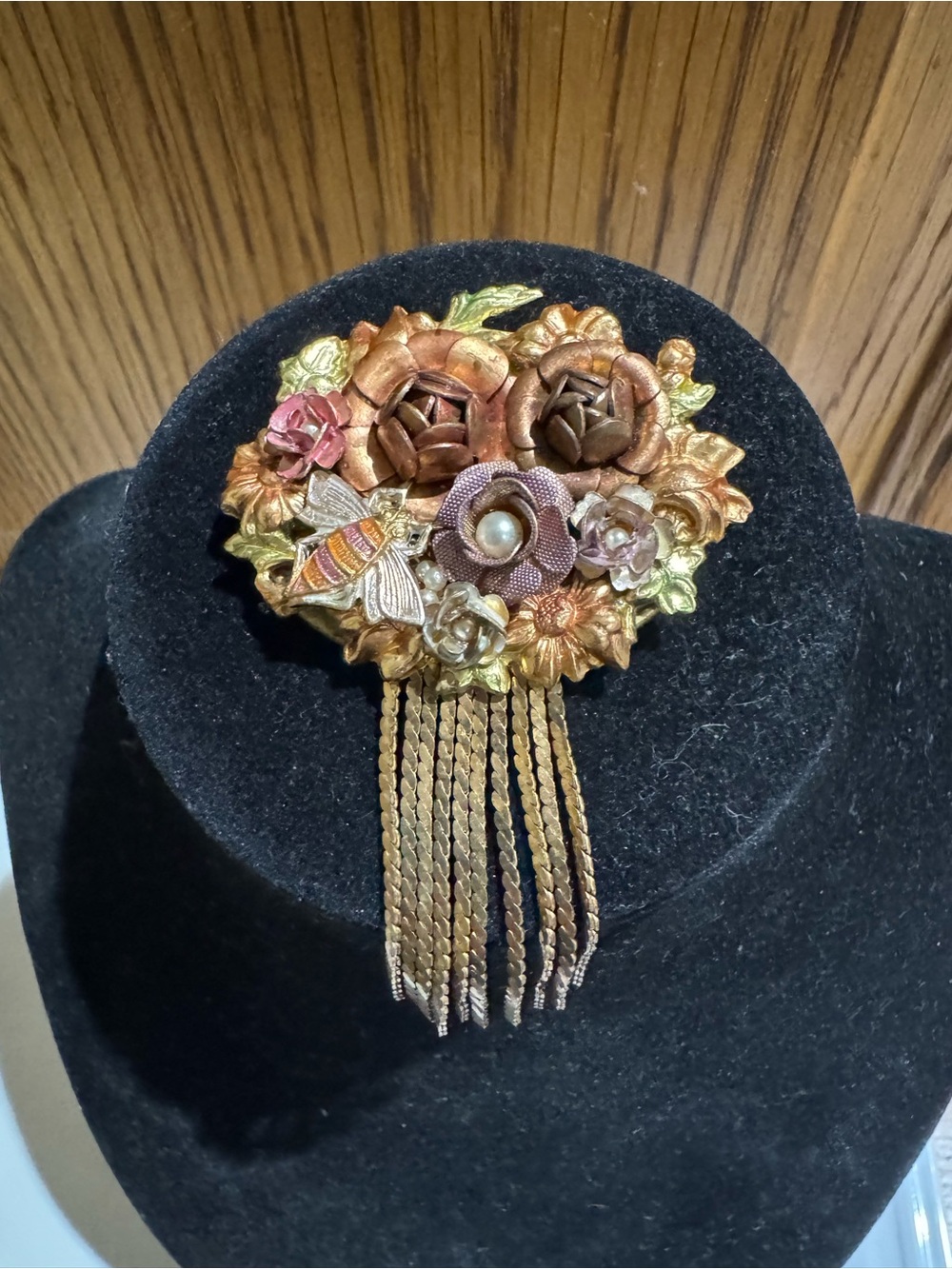 Vintage Floral Figural Brooch with Goldtone Tassels